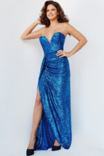 Vestido strapless azul de lentejuela con abertura en pierna - Image 2