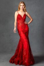 Vestido corte sirena rojo con lentejuela en forma floral