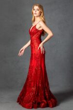 Vestido corte sirena rojo con lentejuela en forma floral - Image 2