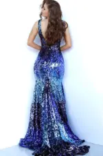 Vestido azul de lentejuela escote v - Image 2