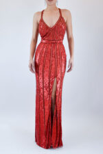Vestido rojo de lentejuela con tirante delgado cruzado en espalda