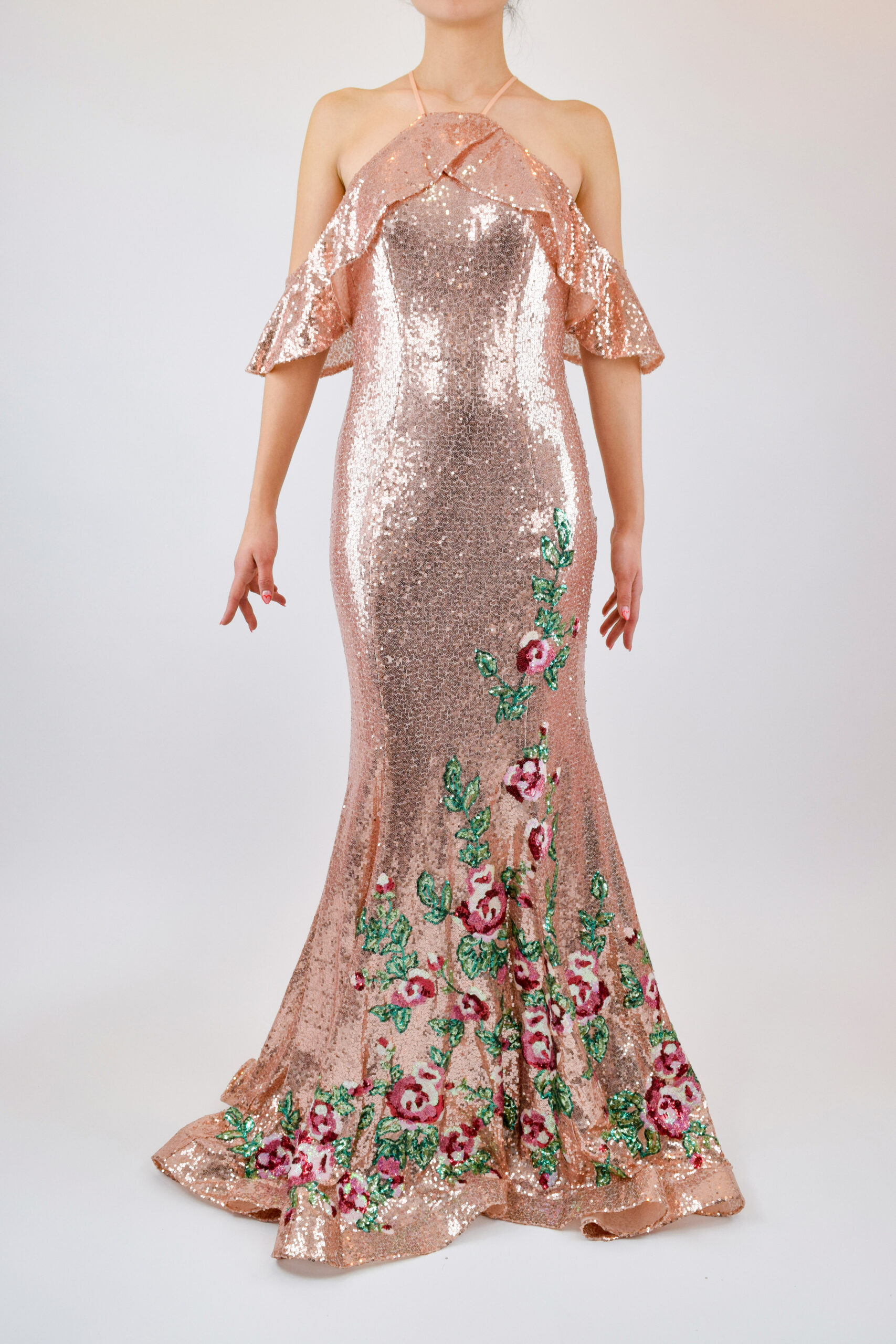 CUATRO B (23) Vestido de lentejuela rose gold con flores en falda - Image 1