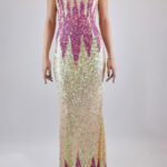 Vestido strapples tornasol con picos fuchsia