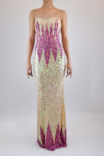 Vestido strapples tornasol con picos fuchsia