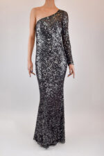 Vestido asimétrico de lentejuela con manga larga y escote en espalda