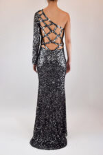 Vestido asimétrico de lentejuela con manga larga y escote en espalda - Image 2