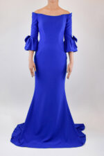 Vestido azul rey sirena con moños en manga tres cuartos