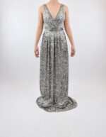 Vestido recto color plata de lentejuela con cinto