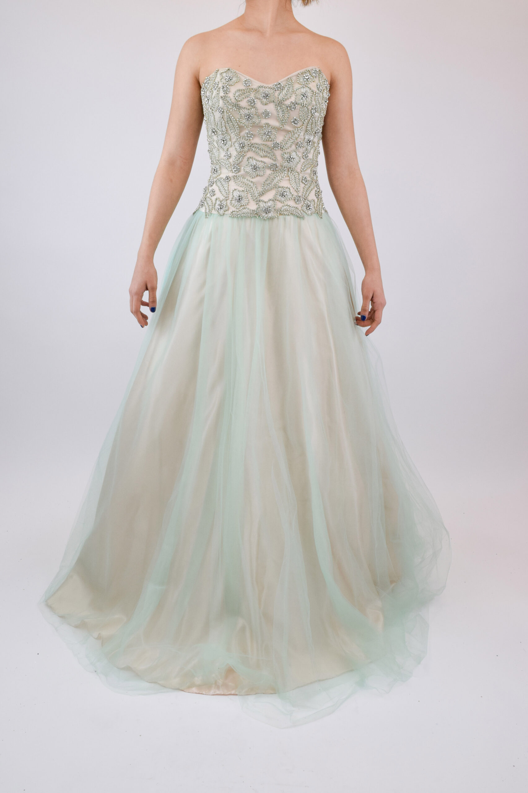 JKL (1) Vestido strapless corte A, nude con verde pastel de flores en cristales - Image 1