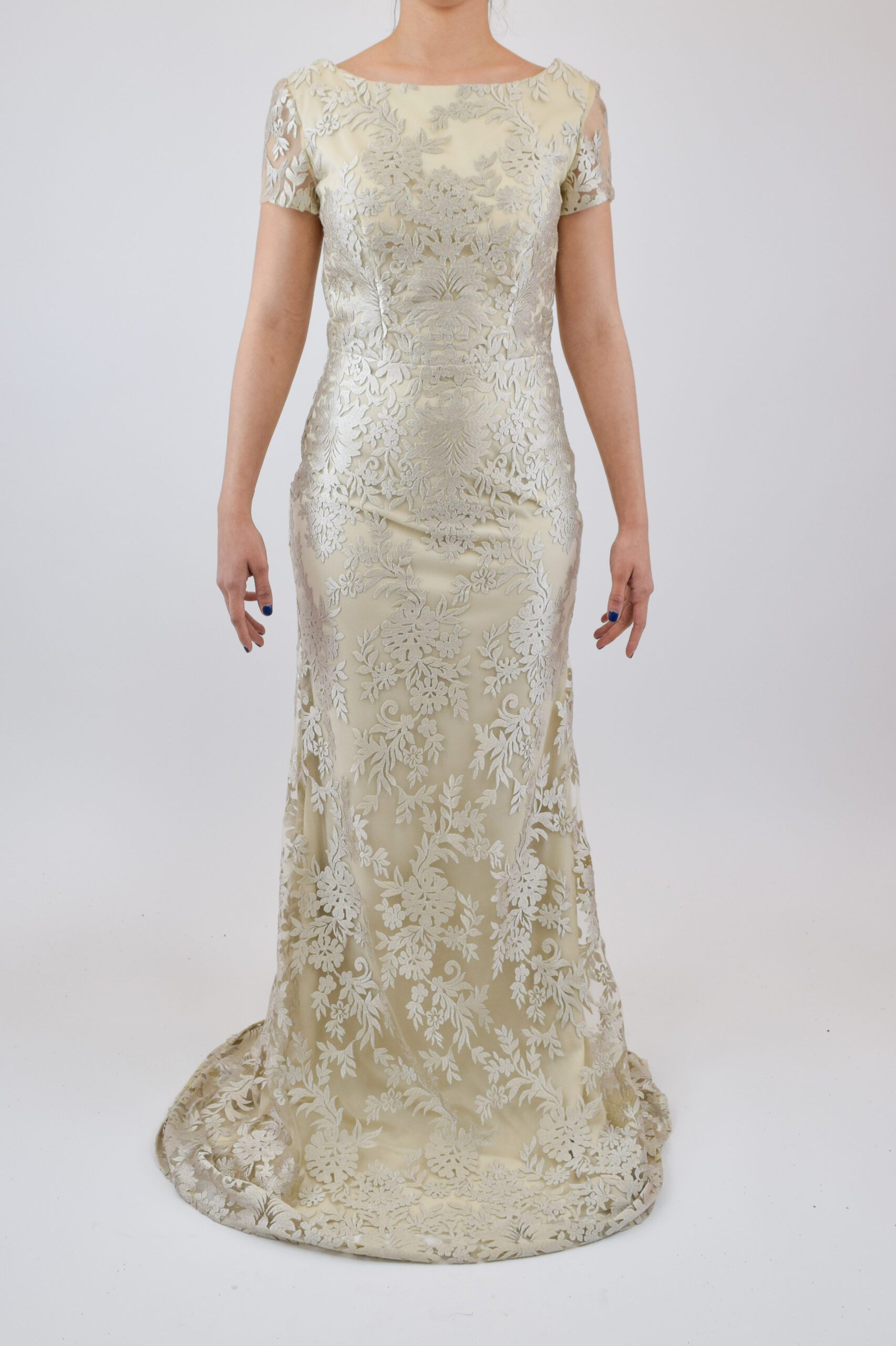Q (2) Vestido champagne con encaje en corte sirena y manga corta - Image 1