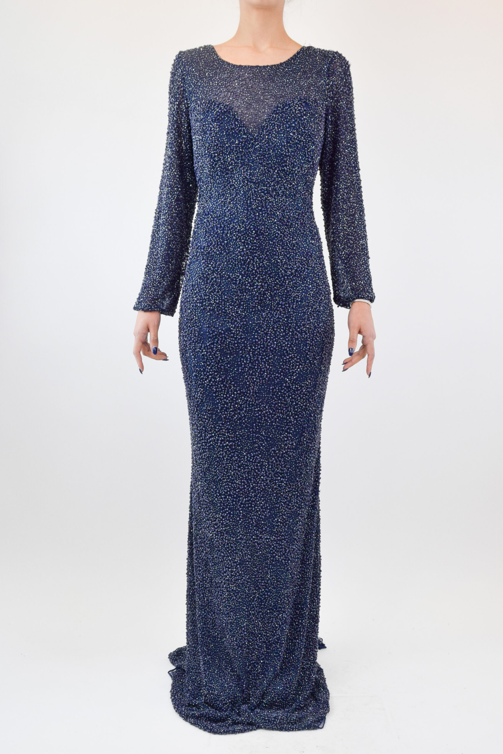 RS-07 Vestido azul marino en corte sirena de manga larga con pedrería en su totalidad - Image 1