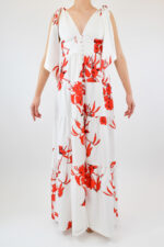 Vestido blanco con estampado floral en rojo y tirantes colgantes