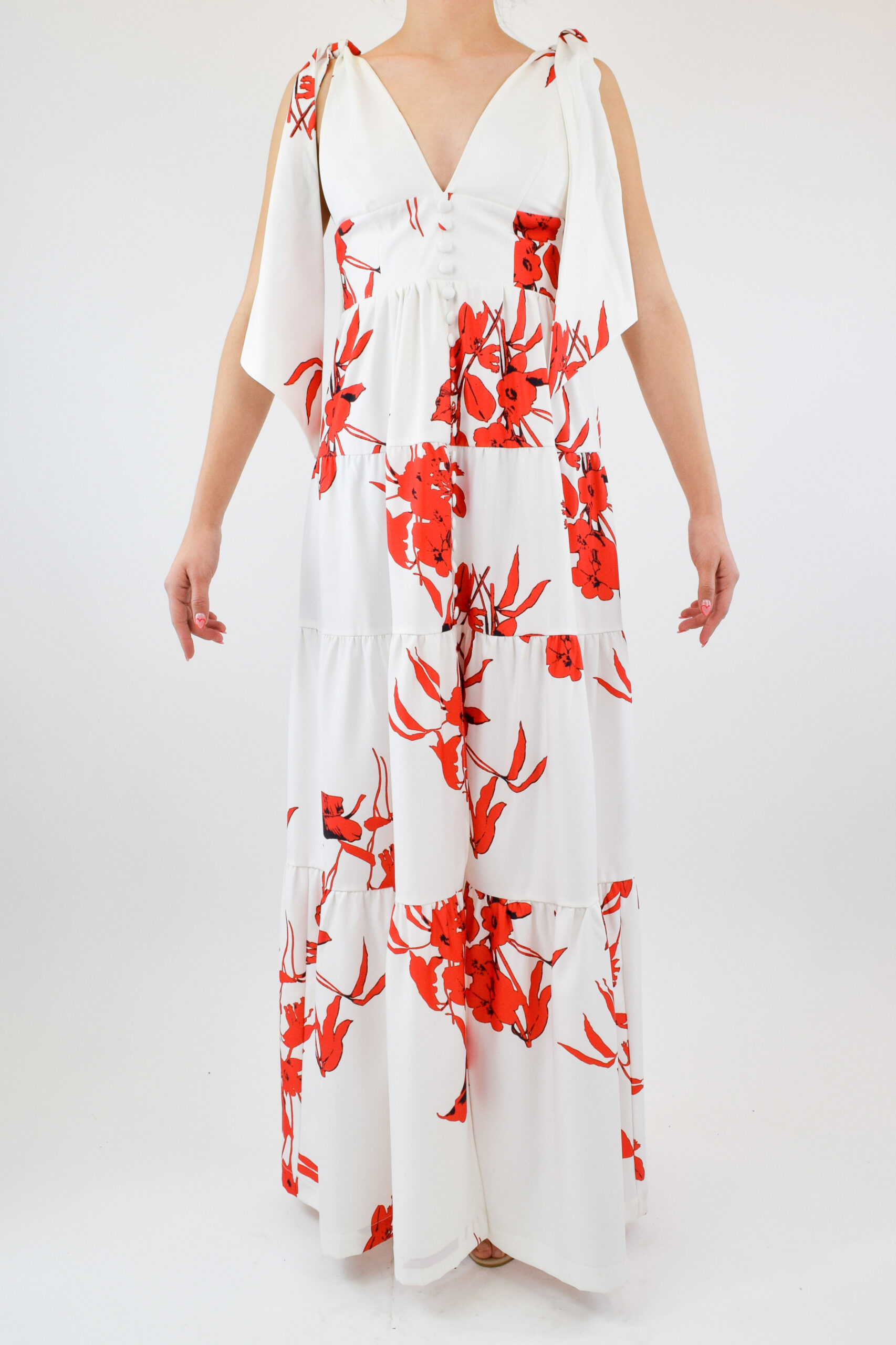 RS-17 Vestido blanco con estampado floral en rojo y tirantes colgantes - Image 1