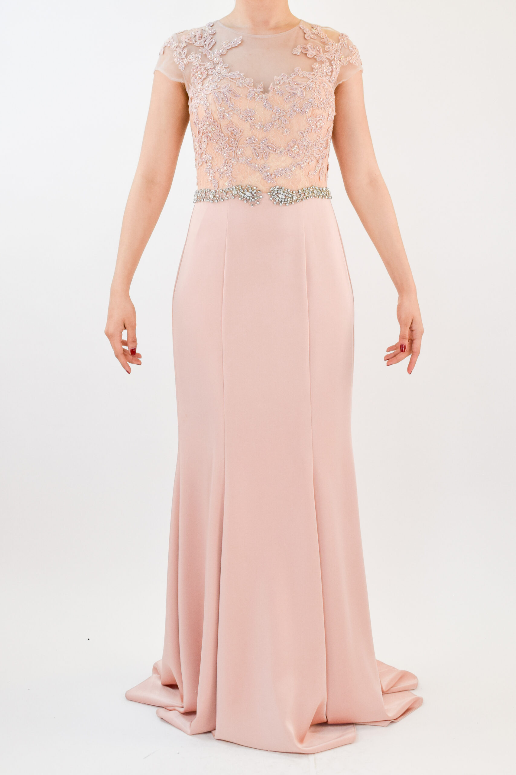 R1-081 Vestido rosa palo en corte recto con pedrería en parte superior - Image 1