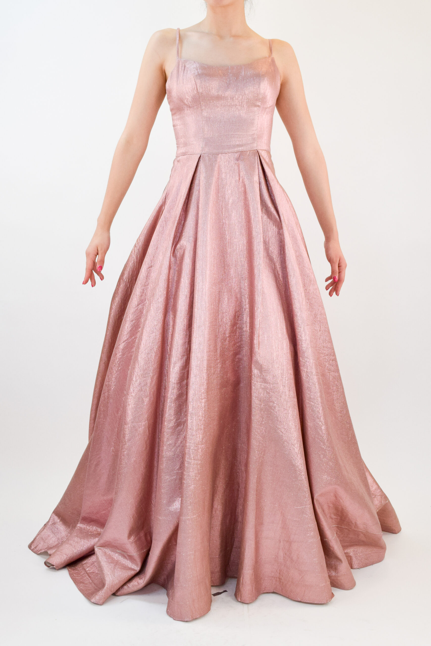R1-083 Vestido metálico color rosa en corte A con escote cuadrado - Image 1