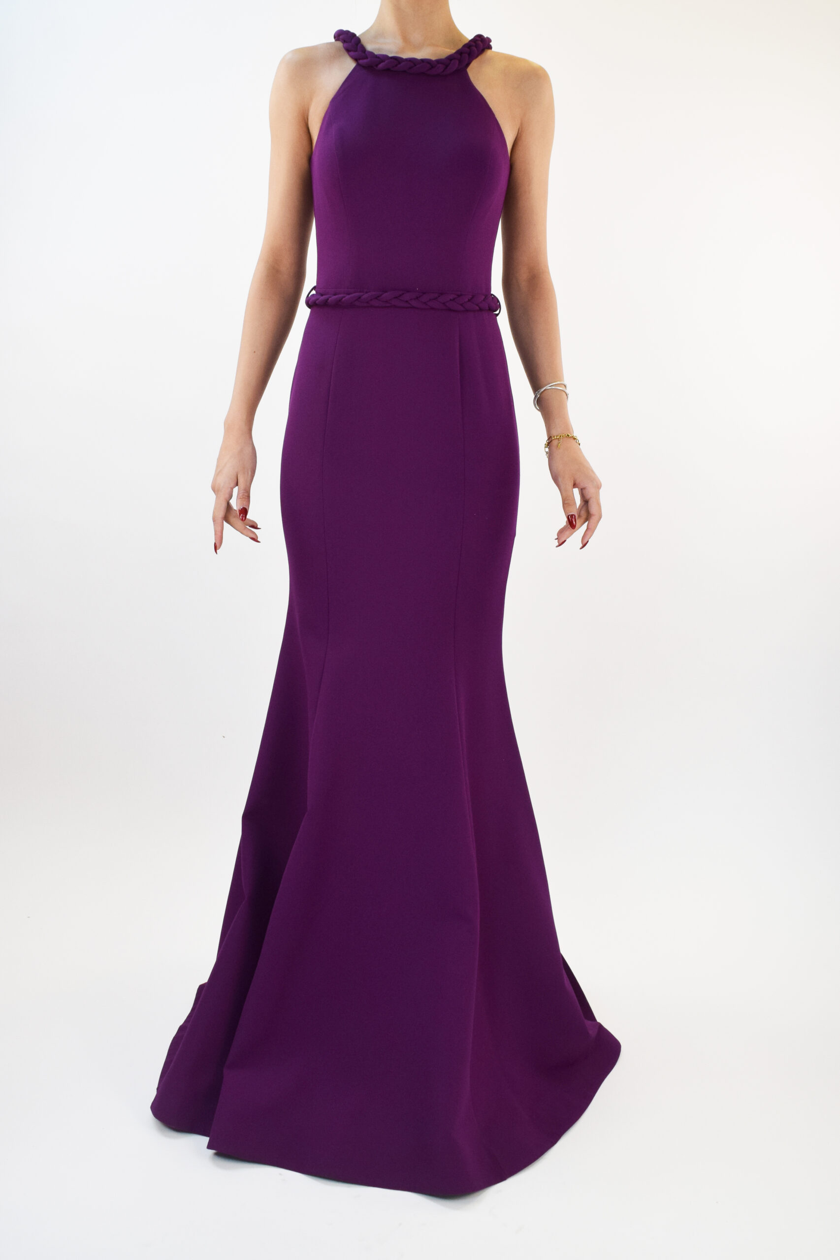Rr2-13 Vestido morado de cuello halter en corte sirena totalmente liso - Image 1