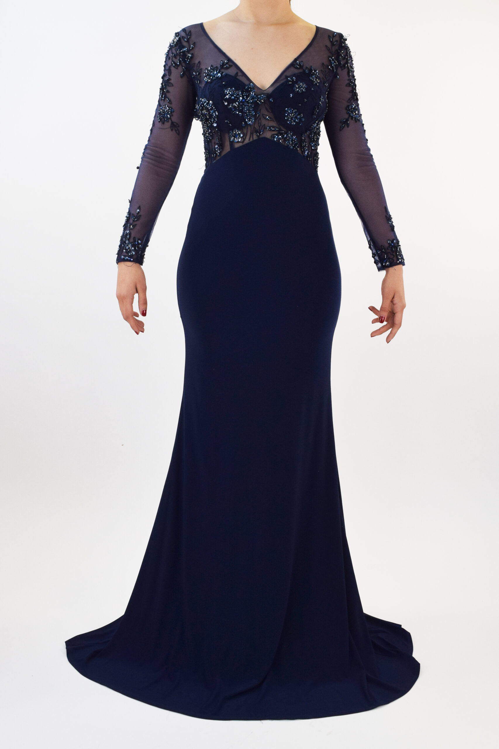 Rr2-39 Vestido corte sirena de manga larga con tela traslúcida en corset - Image 1