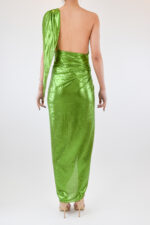 Vestido asimétrico de un hombro con nudo en un costado, corto largo en verde metálico - Image 2