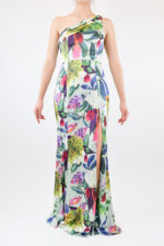 Vestido asimétrico floreado de corte sirena con abertura en pierna