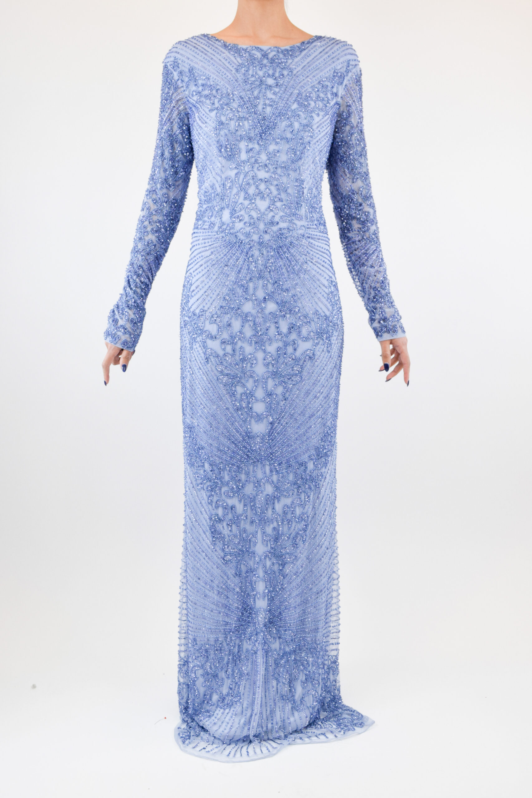S-21 Vestido azul de manga larga con pedrería en tipo encaje - Image 1