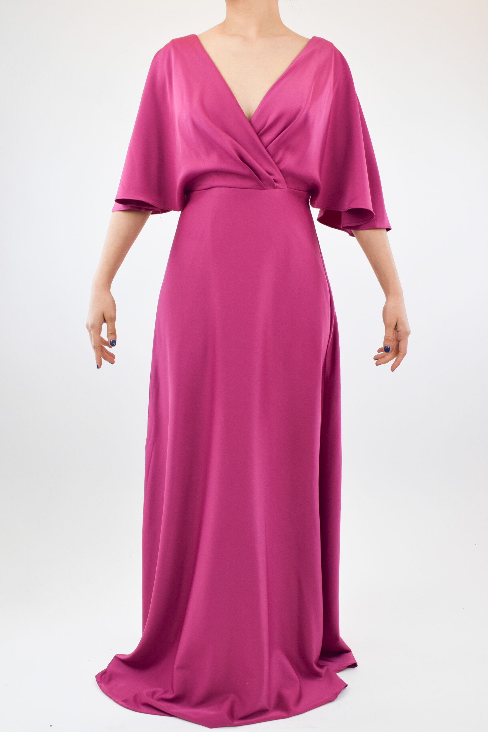 S-47 Vestido magenta liso de manga tres cuartos con vuelo - Image 1