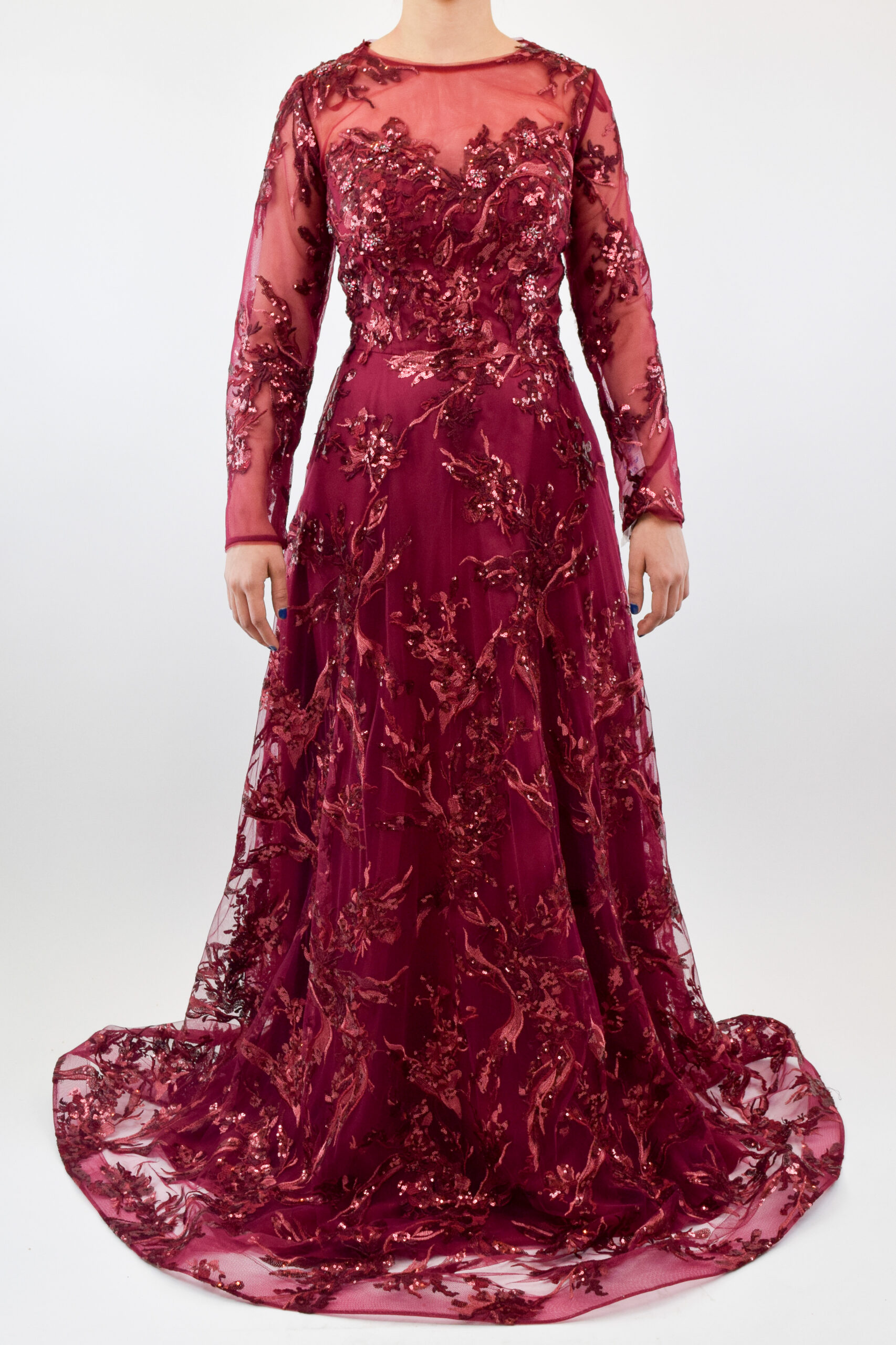 S-55 Vestido en corte A, guinda de manga larga con lentejuela bordada - Image 1