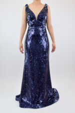 Vestido azul marino en corte sirena de lentejuela con diseño en rombos