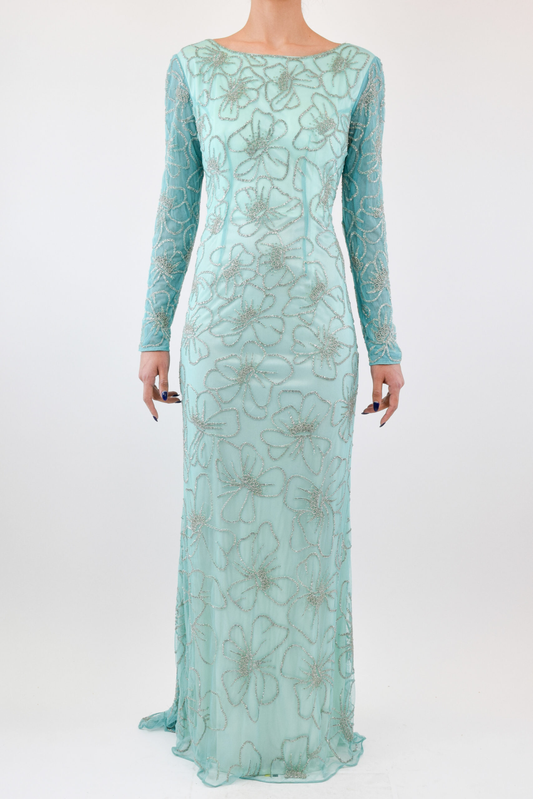 S-66 Vestido menta de manga larga con flores de pedrería bordada - Image 1