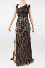 Vestido de lentejuela negro con beige con espalda asimétrica
