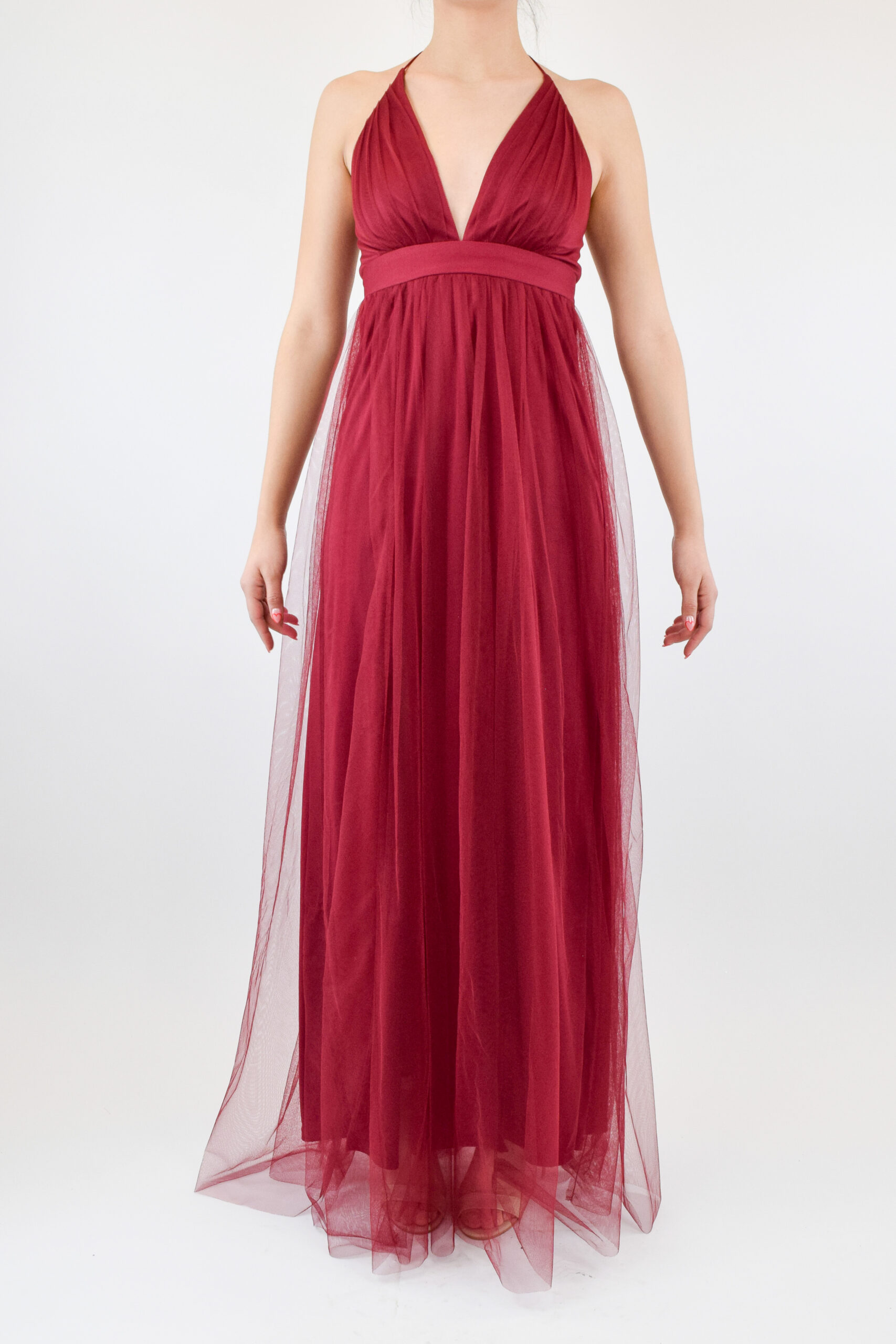 S-98 Vestido rojo de falda de tul con espalda cruzada y escote en V - Image 1